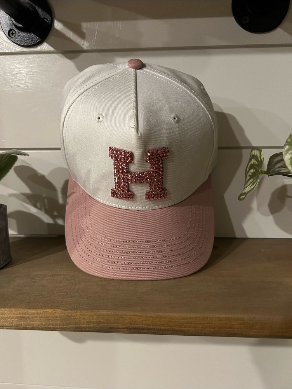 White & Pink Baseball Cap with Rhinestone Houston “H”